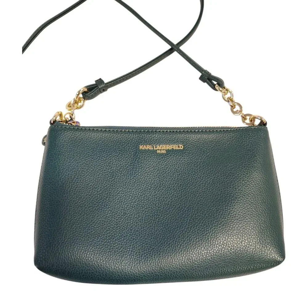 Karl Lagerfeld Paris Crossbody Bag Forest Green Gold Tone Hardware Faux Leather